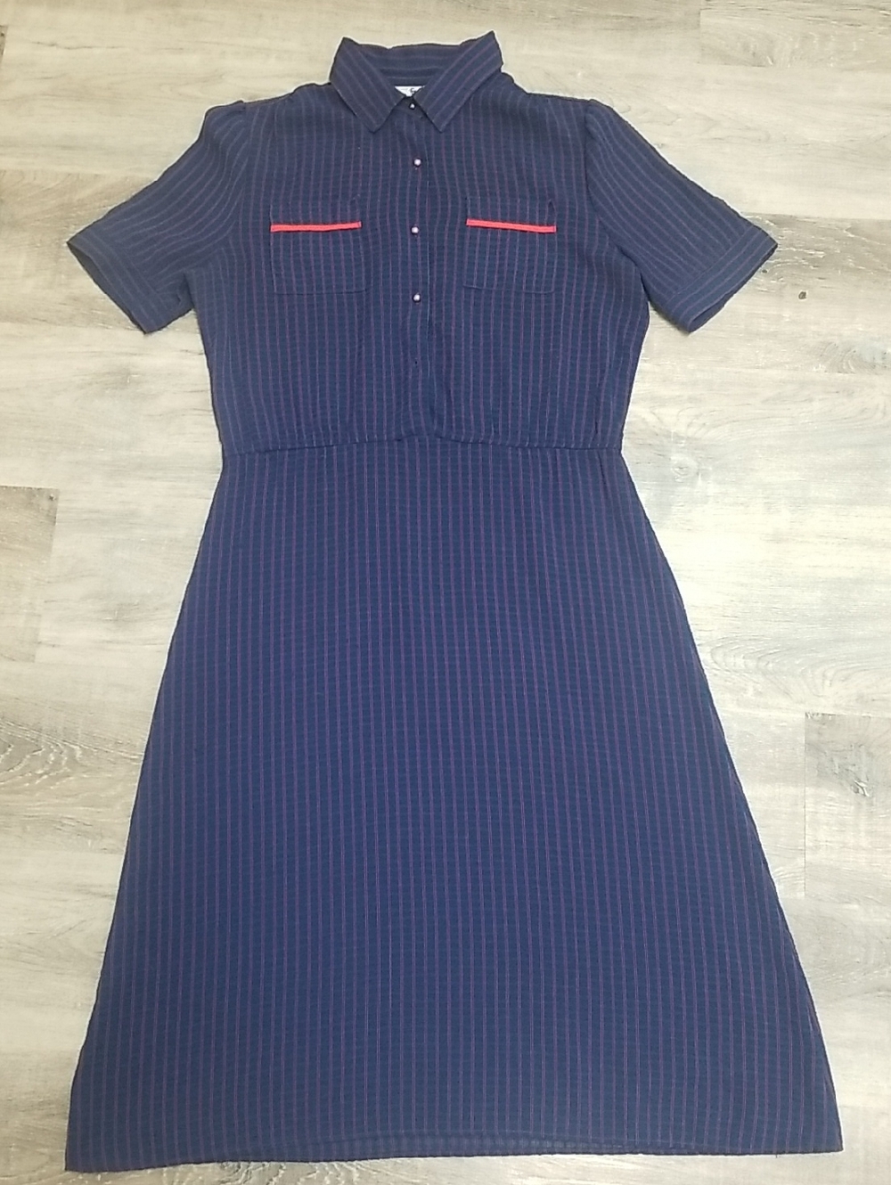 Jonathan Martin Navy Pinstripe Midi Dress with Red Pocket Trim